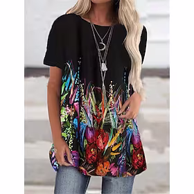 dame t-skjorte kjole t-kjole minikjole svart halvermet blomstertrykk vår sommer rund hals casual 2023 s m l xl xxl 3xl