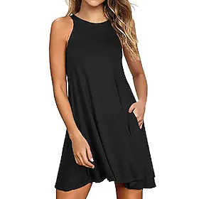 Dame Uformell kjole Solkjole Mini kjole Vin Militærgrønn Svart Ermeløs Ren farge Lomme Vår Sommer Crew-hals Grunnleggende Daglig Feriereise Helg 2023 S M L XL