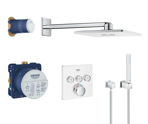 GROHE Grohtherm SmartControl Cube Dusjsystem m/Termostat, 3 Uttak & Rainshower SmartActive dusjhode 310 x 310 mm, Hvit glass