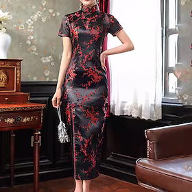 Dame Tubekjole Cheongsam-kjole Maxikjole Svart Rosa Vin Kortermet Blomstret Broderi Vår Sommer Kinesisk Krave Elegant Bryllupsgjest Vårkjole Tynn 2023 S M L XL