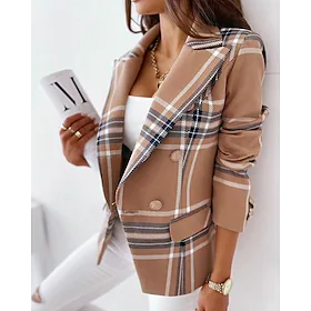 Dame Blazer Daglig Ut på byen Høst Vinter Normal Frakk Normal Hold Varm Mote Elegant Jakker Langermet Pledd / Tern Trykt mønster Rosa Kamel Dusty Blue