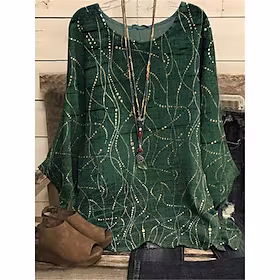 kvinners pluss størrelse juleoverdeler bluse skjorte geometriprint langermet gateklær med rund hals daglig ferie polyester høst vinter grønn