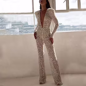 Dame Kjeledresser Perler Paljetter Helfarge Dyp V Elegant Fest Bryllup Normal Langermet Gull S M L Vår