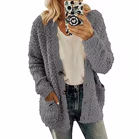 Dame Kofte Jumper Strikke Helfarge Åpen Forside Fritid Avslappet Daglig Høst Vår Hvit Svart S M L / Langermet