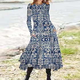 Dame Uformell kjole Etnisk kjole Swingkjole Midikjole Blå Langermet Blomstret Lomme Vinter Høst Rund hals Ferie Vinter kjole Høst kjole 2023 S M L XL XXL 3XL