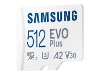 Samsung EVO Plus MB-MC512KA - Flashhukommelseskort (microSDXC til SD adapter inkluderet) - 512 GB - A2 / Video Class V30 / UHS-I U3 / Class10 - microSDXC UHS-I - hvid