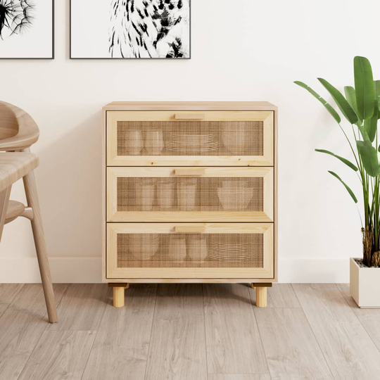 vidaXL skænk 60x30x70 cm massivt fyrretræ og naturlig rattan brun