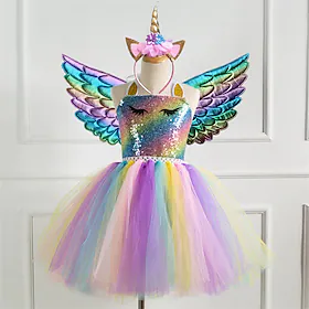 barn små jentekjole 2-8 år 3 stk enhjørning prinsesse regnbue fargerik fest tutu bursdagskjoler med vinge og pannebånd paljetter grime lilla gull sølv søte kjo