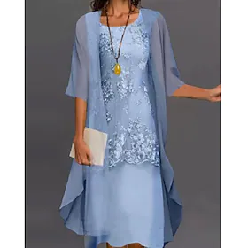 damekjolesett blondekjole midikjole lyseblå grønn grå halvermet floral brodert lagdelt patchwork høst våren rund hals elegant kinoserie 2023 m l xl xxl xxxl 4x