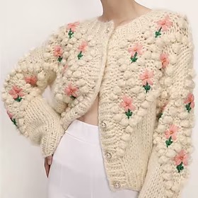 Dame Cardigan Genser Jumper Heklet Strikke Knapp Strikket Blomstret Crew-hals Stilfull Fritid utendørs Daglig Vinter Høst Beige S M L / Langermet / Ferie / Nor
