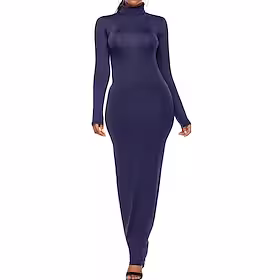 kvinners fritidskjole slirekjole lang kjole maxi kjole grønn svart vin langermet ren farge ruched vinter høst vår turtleneck basic vinter kjole daglig høst kjo