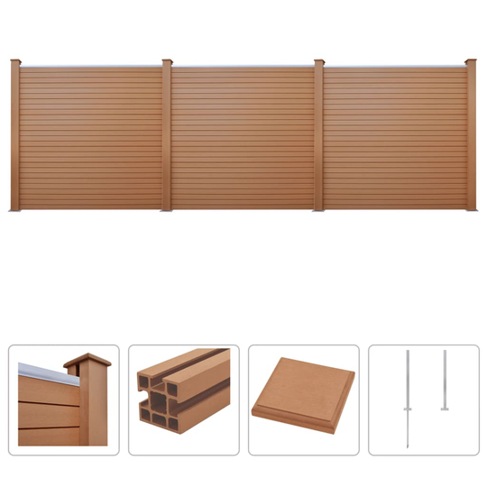 vidaXL hegnssæt 3 WPC firkantet 531 x 187 cm brun