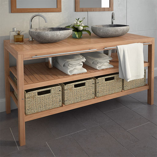 vidaXL badeværelsesskab med 4 kurve 132x45x75 cm massivt teak