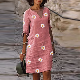 Dame Uformell kjole Skiftkjole Midikjole Rosa Blå Grønn 3/4 ermer Blomstret Trykt mønster Høst Vår V-hals Fritid Helg Løstsittende 2023 S M L XL XXL 3XL