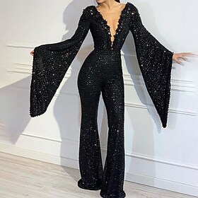 dame jumpsuit høy midje paljett ensfarget dyp v elegant party going out normal passform langermet svart xxl høst