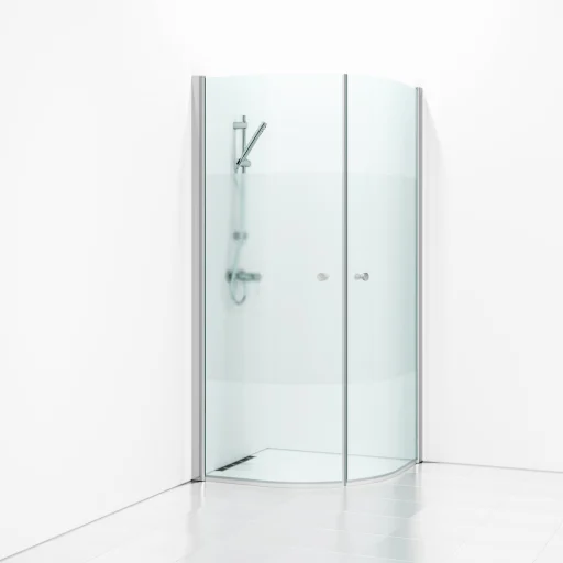 Svedbergs Skoga buet dusjhjørne 90 x 90 cm, halvfrostet glass/matt alu, m/knoppgrep