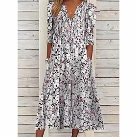 Dame Uformell kjole Midikjole Svart Kortermet Blomstret Trykt mønster Vår Sommer V-hals Grunnleggende 2023 S M L XL XXL 3XL