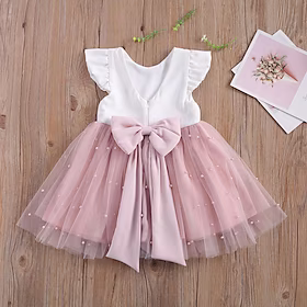 pjokk små jenters kjole vanlig tyll kjole fest daglig perlesløyfe rosa knelang kortermet elegante søte kjoler vår sommer slank 1-5 år