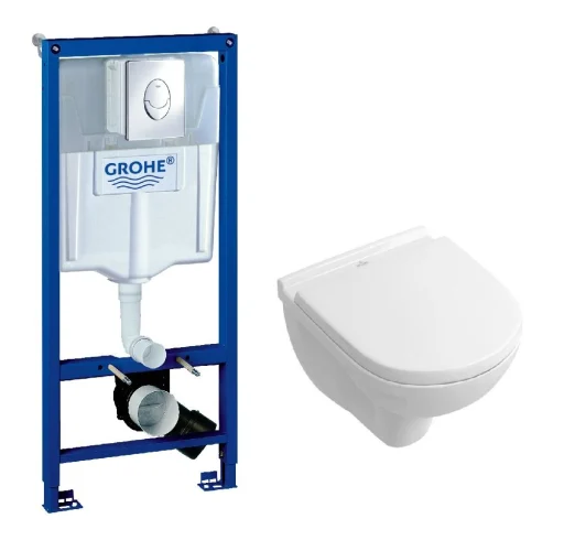 Komplett pakke m/GROHE sisterne, Krom trykknapp, Villeroy & Boch O.Novo Compact hengeskål & Soft Close sete