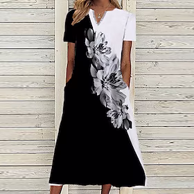 Dame Uformell kjole Midikjole Svart Kortermet Blomstret Lomme Vår Sommer V-hals Ferie 2023 S M L XL XXL 3XL