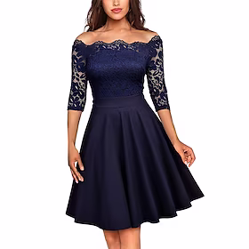 festkjole for kvinner blondekjole swingkjole midikjole svart vin marineblå halvermet blomstret blonder vinter høst våren off shoulder elegant fest høstkjole 20