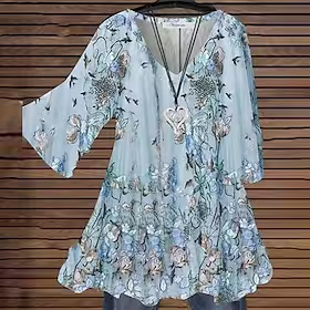 dametopper tunika bluse blomsterprint 3/4-lengde ermer v-hals uformelt streetwear daglig helg akryl høst vårgrønn rosa/sommer/høy midje
