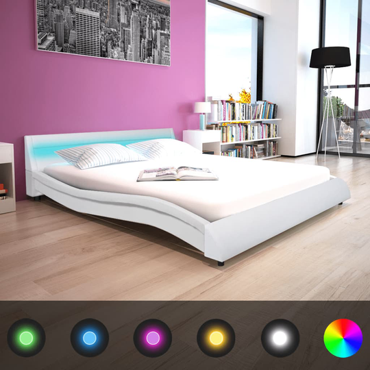 vidaXL seng med madras i memoryskum LED hvid kunstlæder 160 x 200 cm