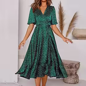 Dame Uformell kjole Swingkjole Smaragdgrønn kjole Midikjole Grønn Kortermet Polkadotter Rynket Vår Sommer V-hals Ferie Løstsittende 2023 S M L XL XXL