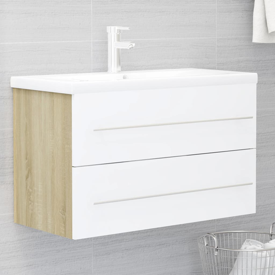 vidaXL vaskeskab 80x38,5x48 cm spånplade hvid og sonoma-eg