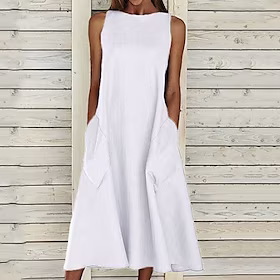Dame Uformell kjole Hvit kjole Midikjole Hvit Gul Blå Ermeløs Ren farge Lomme Vår Sommer Crew-hals Grunnleggende Daglig Helg Løstsittende 2023 S M L XL XXL