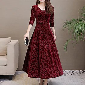 kvinners fløyelskjole grønn rød svart langermet floral jacquard høst vår v-hals elegant fest bryllup gjest slank 2022 m l xl xxl 3xl / høstkjole / vinterkjole