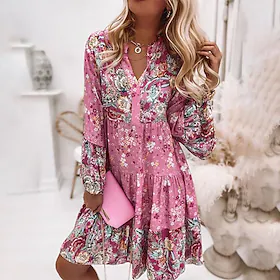 kvinners skiftkjole bohokjole knelang kjole rosa langermet floral volang smockprint vår høst v-hals boho casual flare mansjett erme 2023 4xl