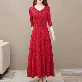 Dame Uformell kjole Swingkjole Midikjole Rød Grønn Langermet Blomstret Jacquard Vinter Høst V-hals Stilfull Vinter kjole Høst kjole 2023 S M L XL 2XL 3XL