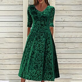 kvinners fløyelskjole grønn swingkjole midikjole grønn 3/4-lange erme floral fløyel høst vinter v-hals elegant 2023 m l xl xxl 3xl