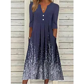 Dame Uformell kjole Midikjole Vin Marineblå Blå Halvlange ermer Blomstret Rynket Høst Vår V-hals Fritid Helg 2023 S M L XL XXL 3XL