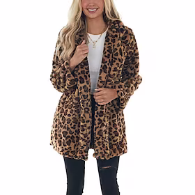 Dame Sherpa jakke Fleece-jakke Teddyfrakk Fuskepels Gate Daglig Ut på byen Vinter Høst Normal Frakk Normal Hold Varm Pustende Fritid Jakker Langermet Leopard B