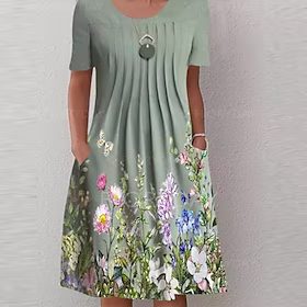 Dame Uformell kjole Floral kjole Midikjole Grønn Kortermet Blomstret Rynket Vår Sommer Crew-hals Grunnleggende Helg 2023 S M L XL XXL