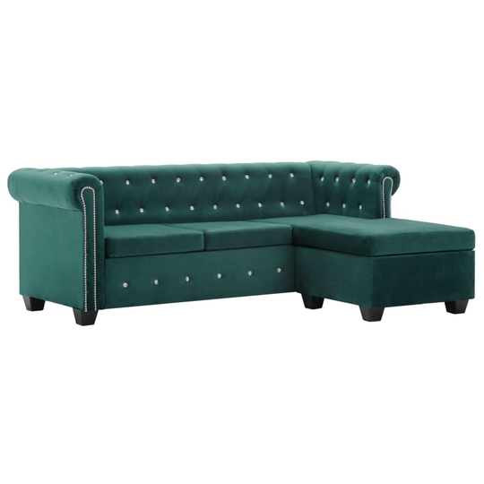 vidaXL L-formet chesterfieldsofa fløjlsbeklædning 199 x 142 x 72 cm grøn