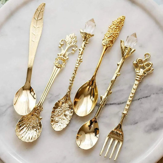 Dessertskeer og Dessertgaffel, 6 stk - Guld