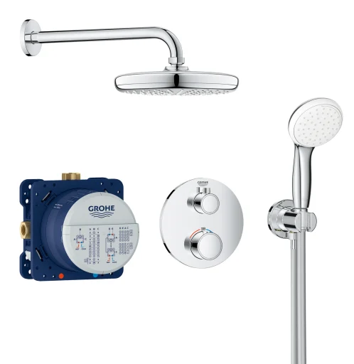 Grohe Grohtherm Tempesta dusjsystem rund termostat, Ø21 cm hodedusj, krom