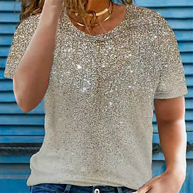 Dame Pluss størrelse Topper T skjorte Fargegradering Trykt mønster Kortermet Crewneck Gatemote Daglig Sport Bomullsspandexjersey Vår Sommer Gull / Store større