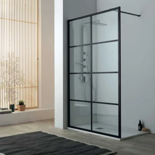Lavabo Walk in dusjvegg 90x200 cm, med midtersprosse, klart glass, matt sort profil