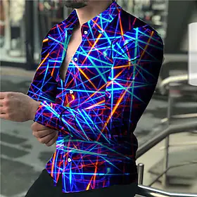 Herre Skjorte Lineær Aftæpning Grønn Blå Rosa Gul Grå 3D-utskrift utendørs Gate Langermet Knapp ned Trykt mønster Klær Mote Designer Fritid Pustende / Sommer /