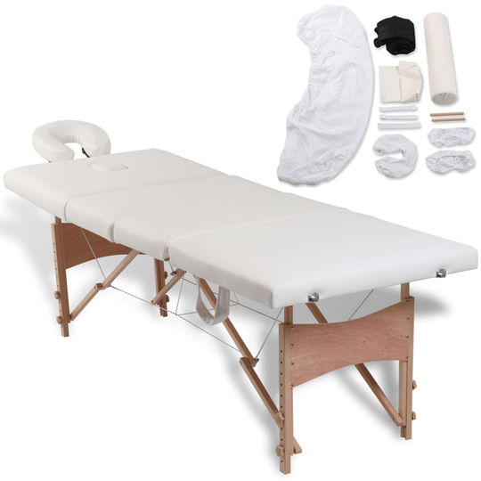 vidaXL massagebord 4 zoner foldbart træstel cremefarvet + tilbehørssæt