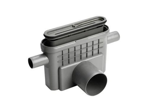 Unidrain 1433 utløpshus Ø75 mm vannrett m/sideinnløp & vannlås - innbygningshøyde 147 mm