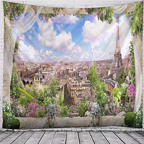 vindu landskap vegg veggteppe kunst dekor teppe gardin hengende hjem soverom stue dekorasjon Paris Eiffeltårnet byblomst