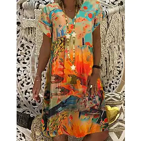 Dame Uformell kjole Midikjole Rød Blå Oransje Kortermet Batikkfarget Trykt mønster Vår Sommer V-hals Elegant Løstsittende 2022 S M L XL XXL 3XL
