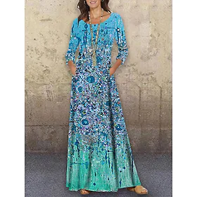 dameskiftkjole lang kjole maxi-kjole grønn 3/4-ermet blomstertrykk vinter høst høst rund hals 2023 s m l xl xxl 3xl