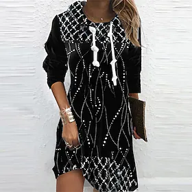 dame hettegenser kjole shift kjole minikjole svart langermet geometrisk trykk vinter høst hette ferie casual 2022 s m l xl xxl 3xl