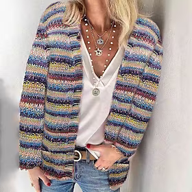 Dame Cardigan Genser Jumper Heklet Strikke Strikket Stripet V-hals Fritid Daglig Stevnemøte Vinter Høst Kakifarget S M L / Langermet / Normal